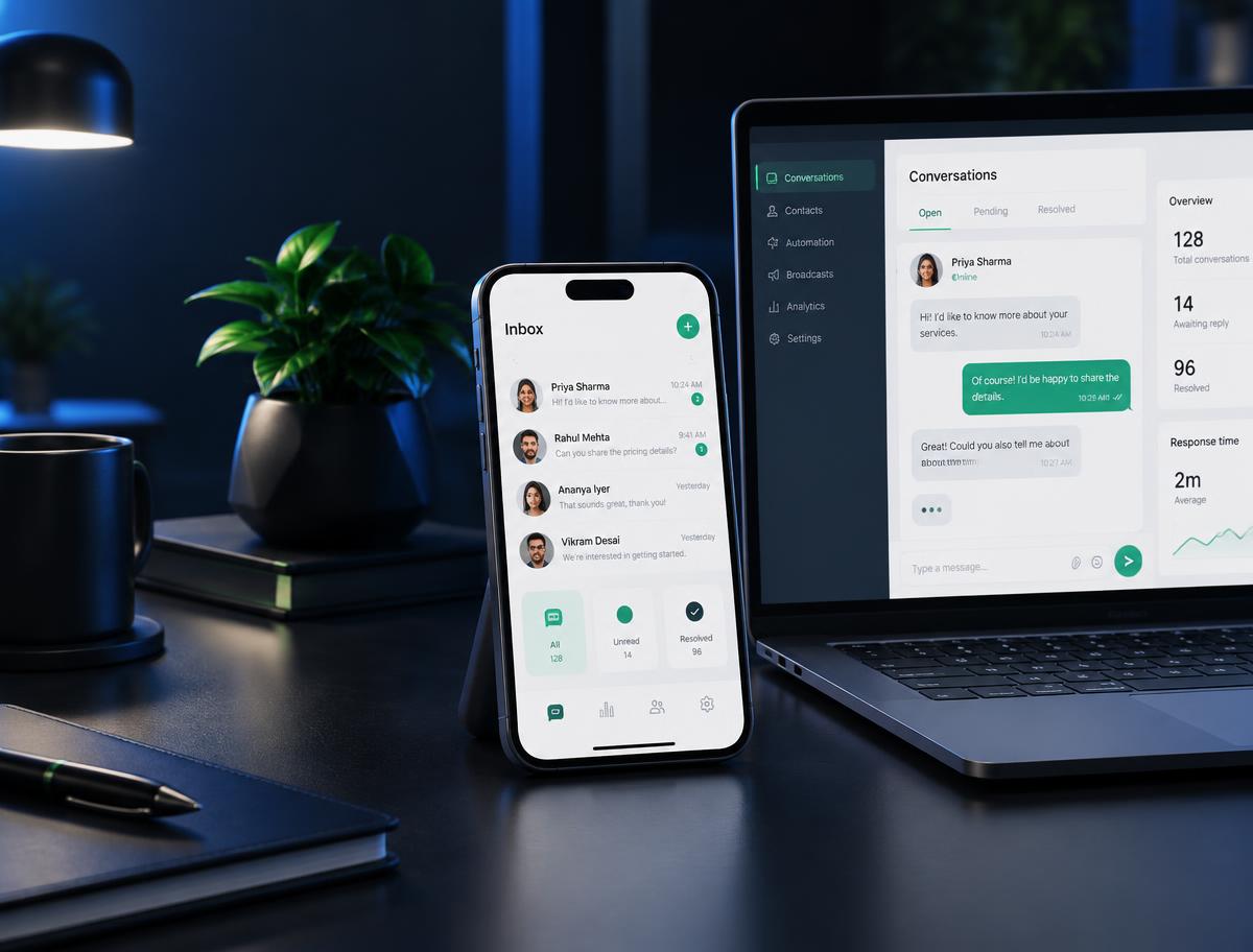 Professional business messaging inbox on smartphone and laptop